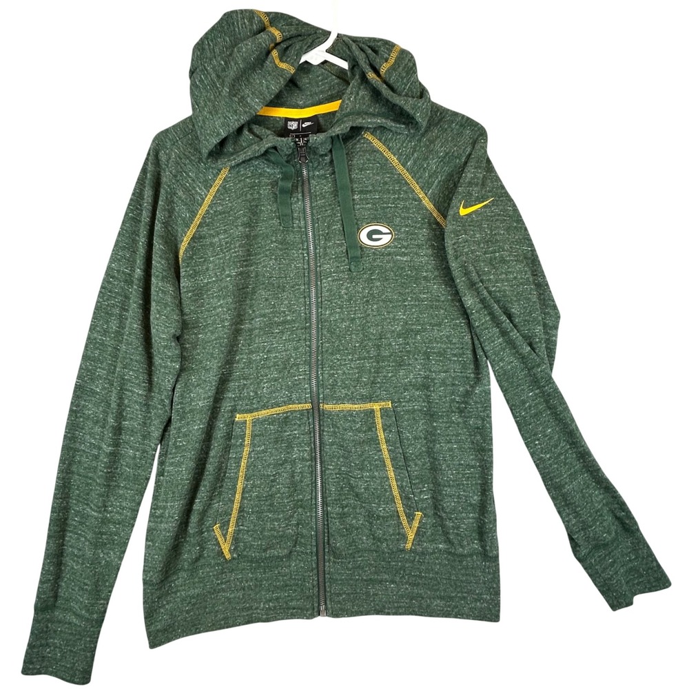 Nike NFL Green Bay Packers Full Zip Hoodie Green Heathered Yellow Stitch L